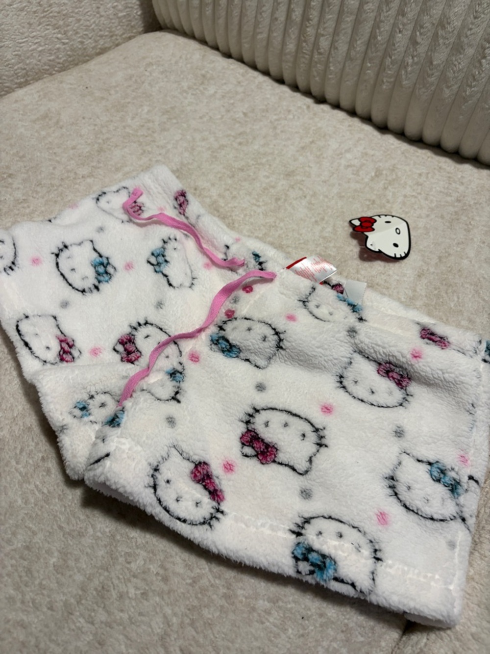 Hello Kitty White Plush Lounge Shorts with Pink & Blue Bows